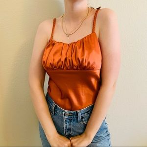 Burnt orange silk style ruched tank top cami